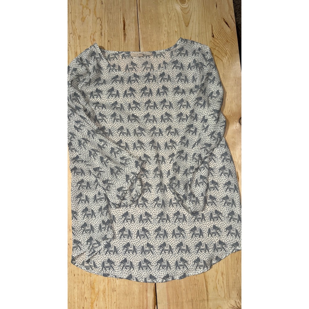 41 Hawthorn Womens Small‎ Elephant Print Roll Tab Long Sleeve Blouse Cream Grey